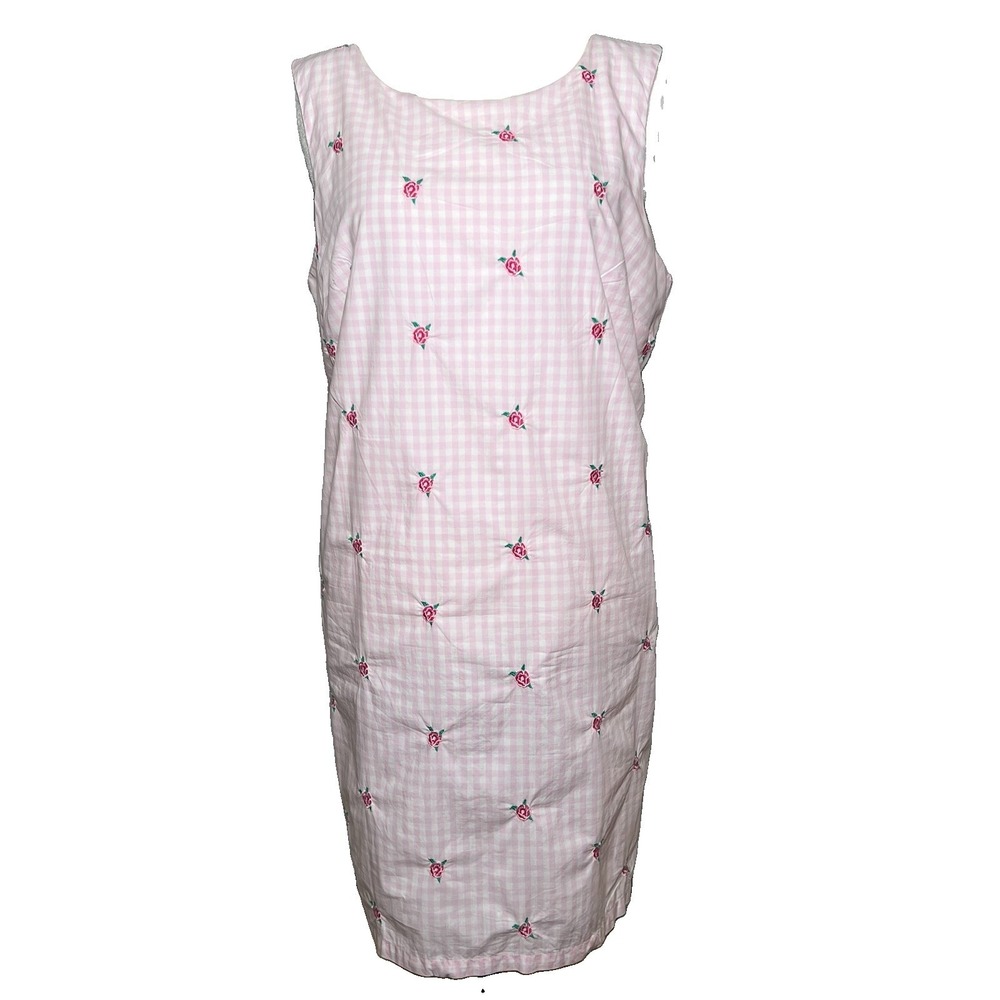 Cottage Coquette Gingham Sheath Dress XL Dainty Embroidered Roses Cotton Lined